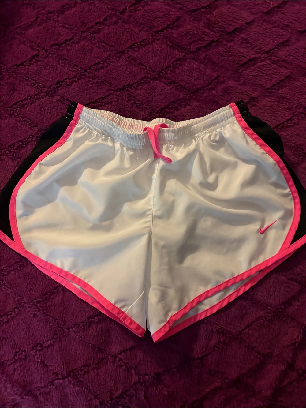 Nike White Athletic Shorts with Pink Trim and Black Panels
